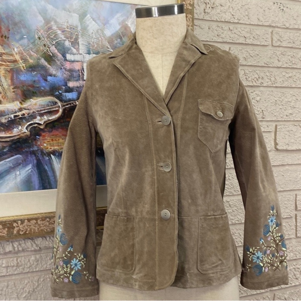 J. Jill Embroidered Sleeves Suede Leather Jacket